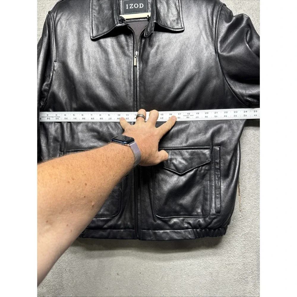 Izod Black Leather Jacket Men's Large Classic Bomber Moto Core‎ Style